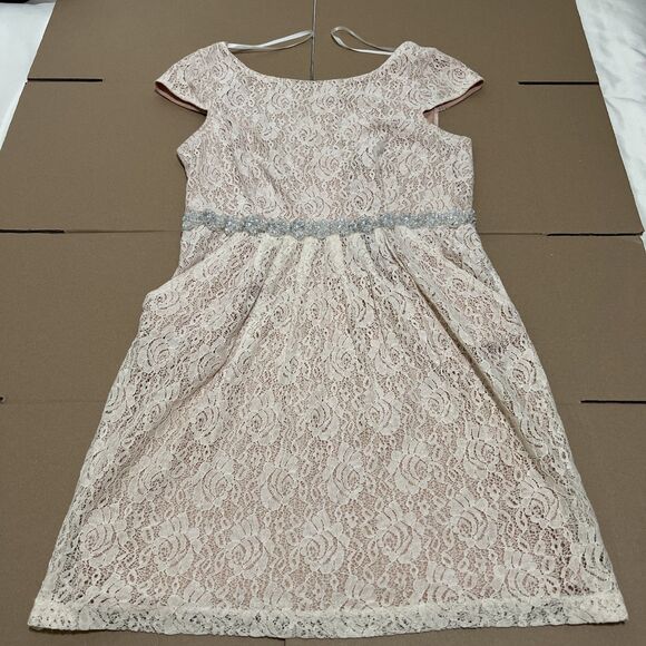 City Triangles Dress Ivory Lace Overlay Crystal Belt Sleeveless Pocket Sz 14 Y2K - Picture 1 of 9